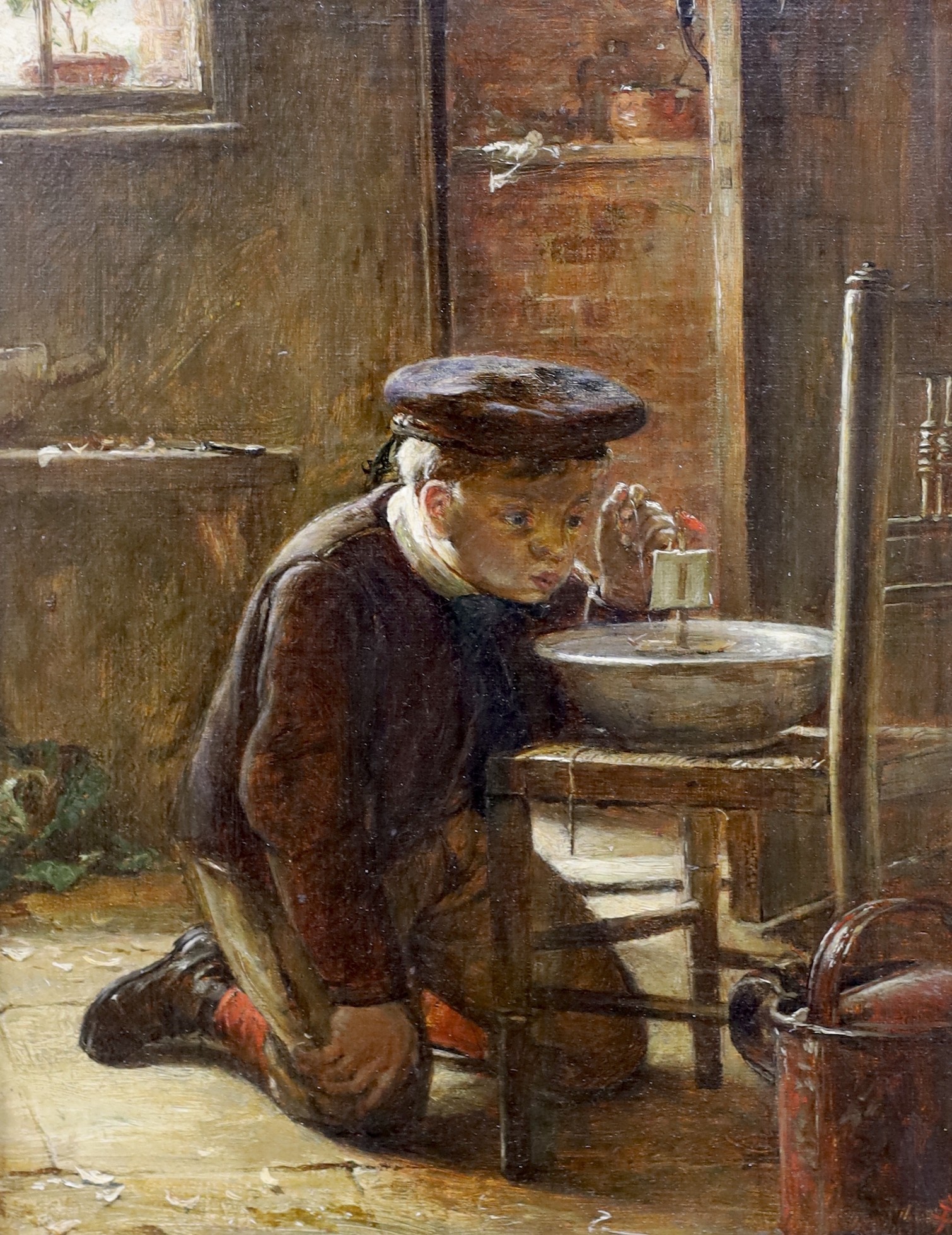 Victorian School, oil on canvas, Interior with boy playing with a toy sail boat, monogrammed SA, 25 x 19cm